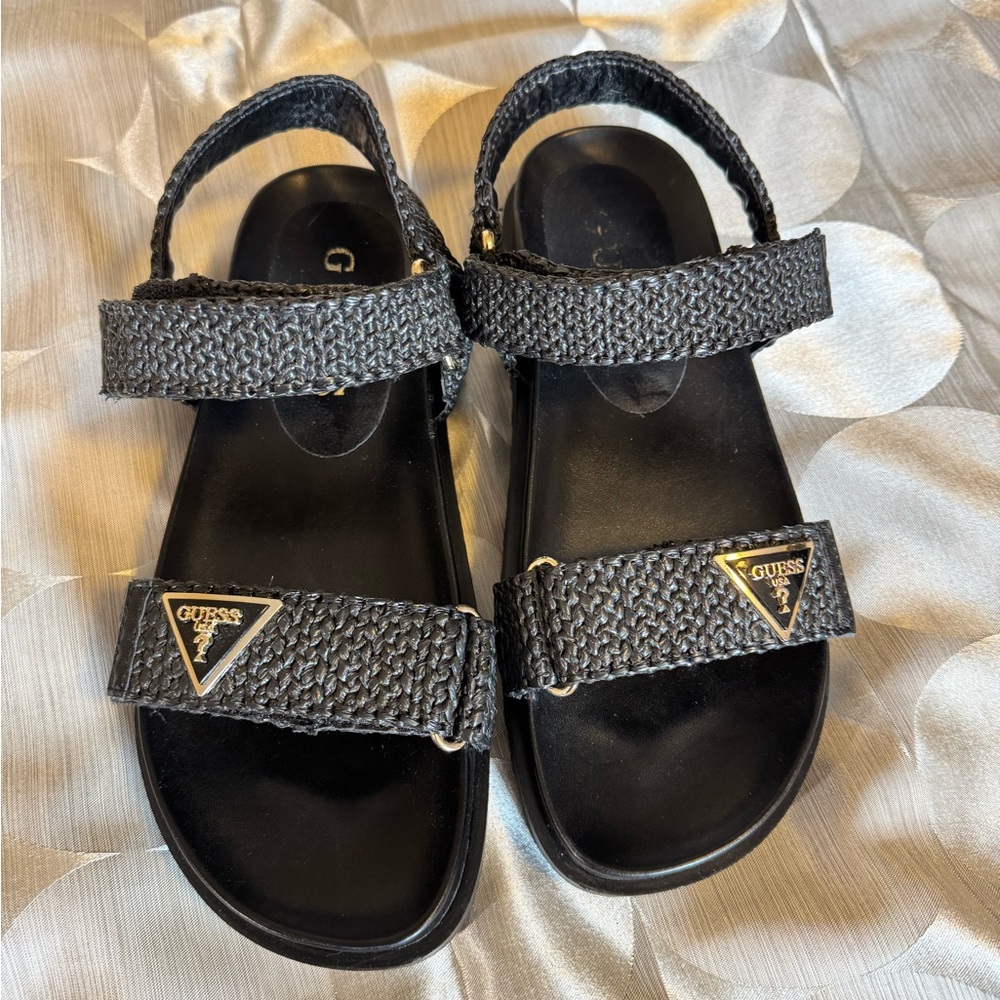 Guess Black Braided Strap Sandals with Gold Logo